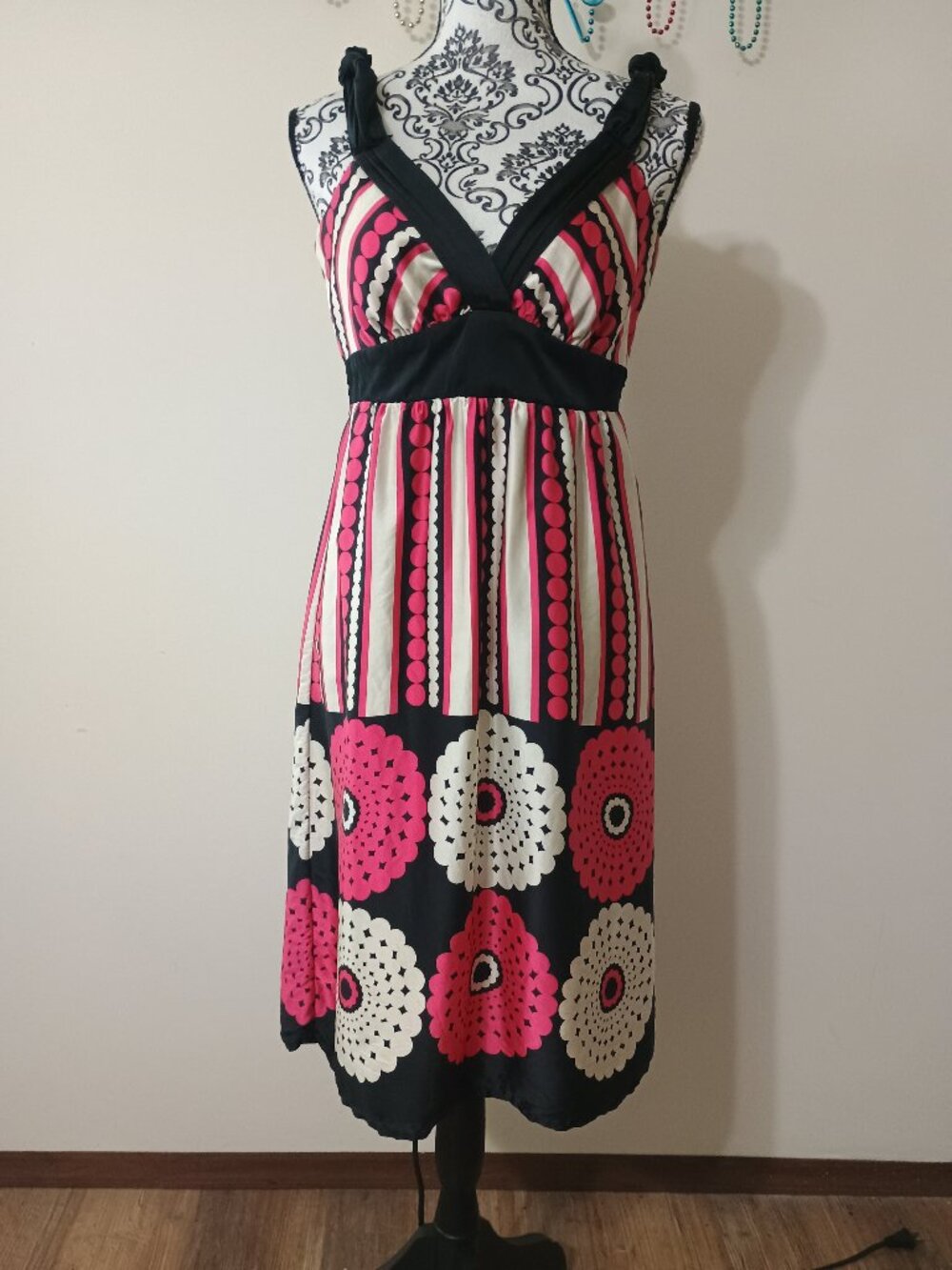 Vintage Voom By Joy Hon Silk Groovy Print Midi Dress Medium Fuchsia & Black